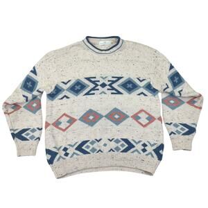 Vintage 90s St. Michael Crewneck Sweater Cream‎ Blue Pattern Men's Medium Wool